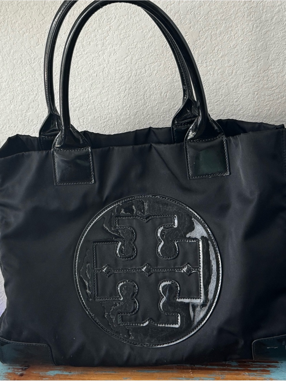 Tory Burch Black Nylon Tote with Patent Logo Medallion